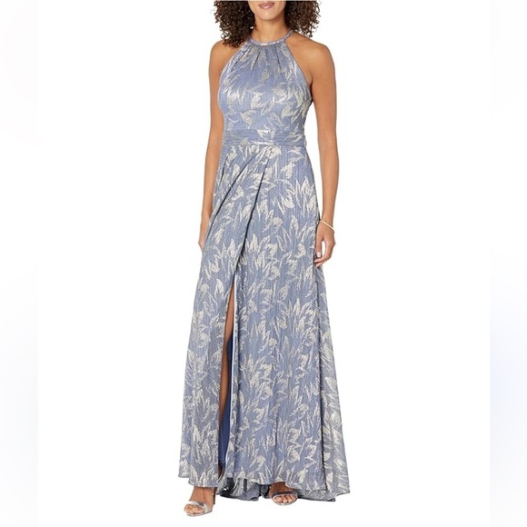 Betsy and Adam blue foil  halter formal gown dress size 10 - Picture 1 of 16